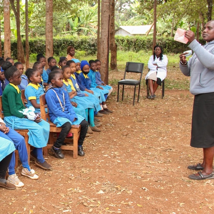 SAG Kit Distribution image showing Rukenya Primary School girls receiving 129 kits in Kutus, Kenya on July 24, 2026